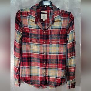 Vintage American Eagle Outfitters Navy and Red Classic Plaid Shirt